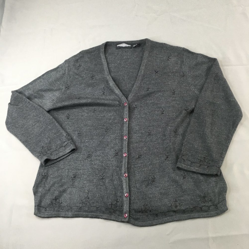 World Republic Cardiga Sweater Womens Large Gray Embroidered 21" Sleeves #0842